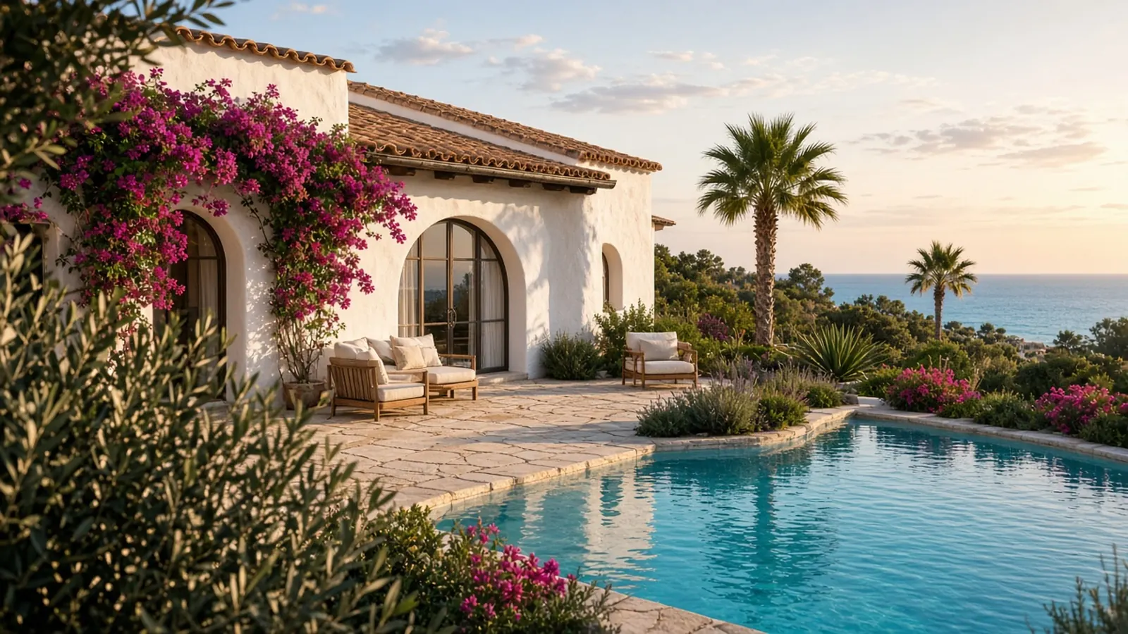 Vit villa med pool och bougainvillea i kvällssol