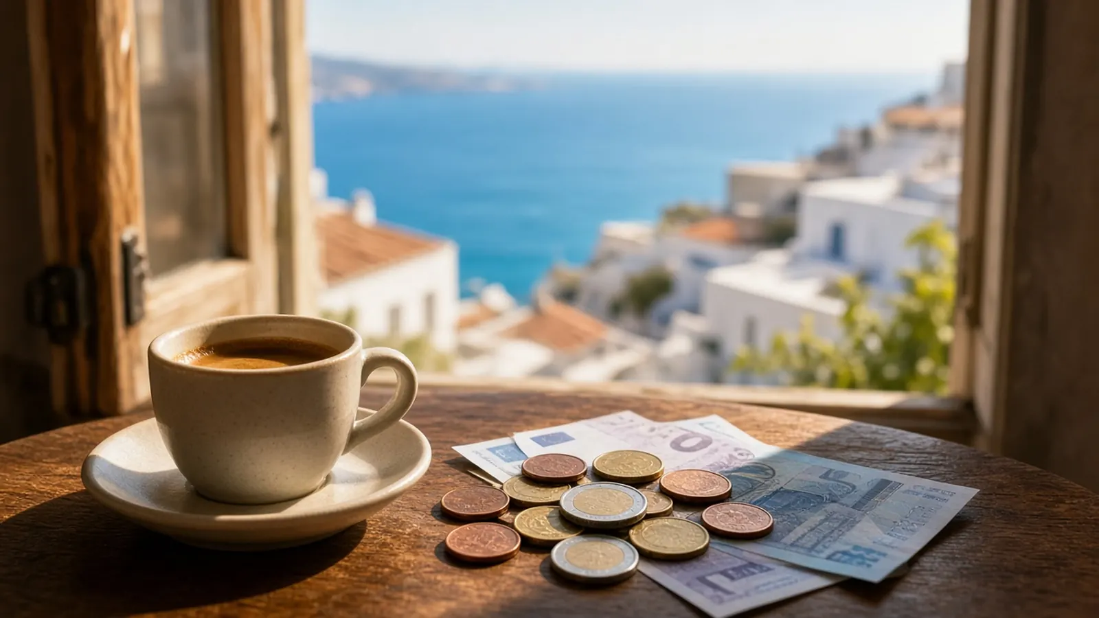 Euromynt, sedlar och espresso vid ett fönster mot Medelhavet